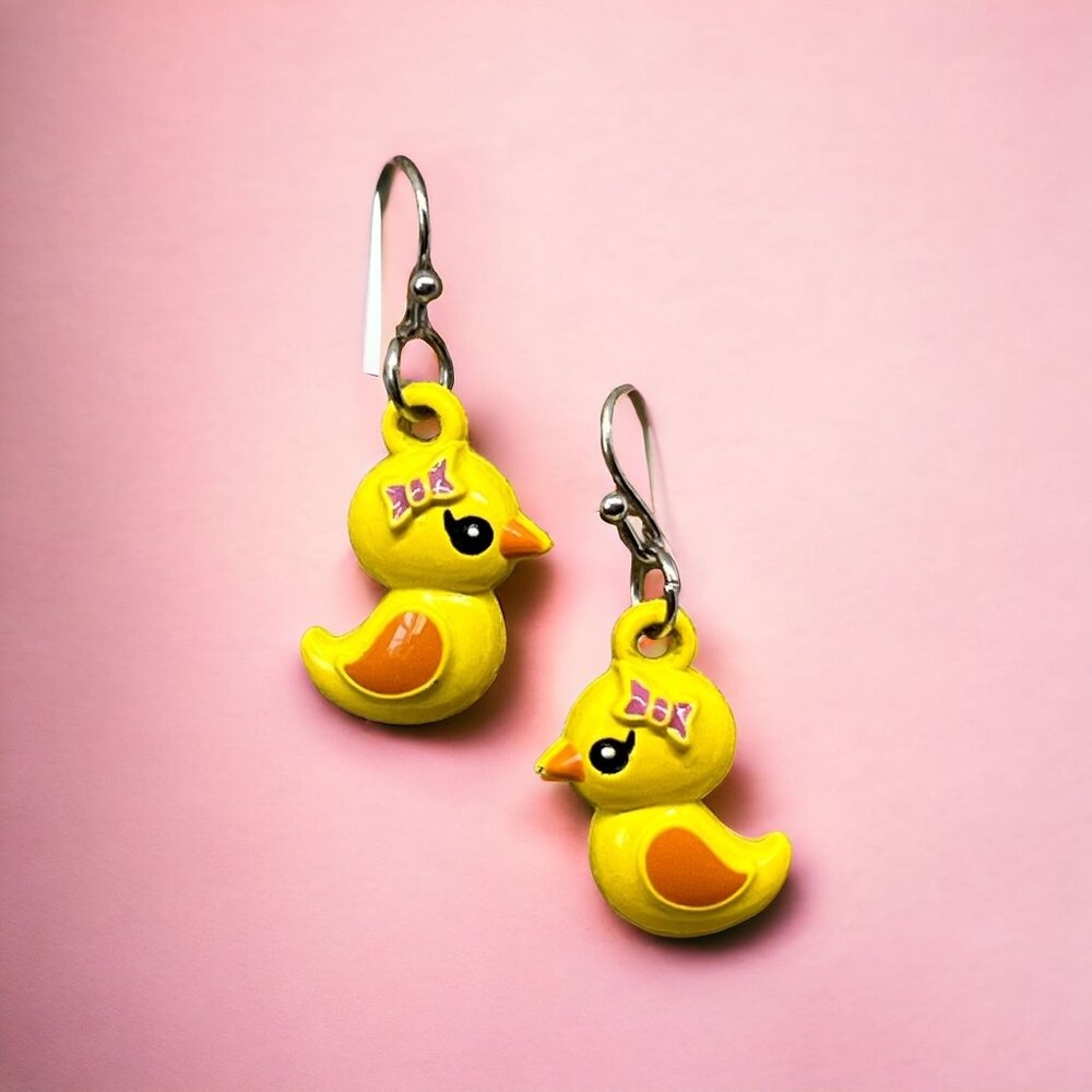 Yellow Duck Dangle Earrings Metal Ducklings Pink Bow Hooks 1 3/8"